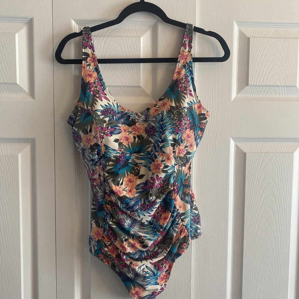 Sea Sand Floral Ruched One Piece Swim Womens Size 14 Blue Tropical Tummy Control